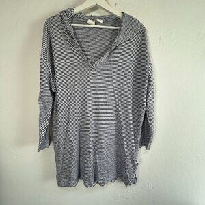 C&C California Womens Linen Classic Stripes Hooded Shirt Tunic 1X Blue Pullover